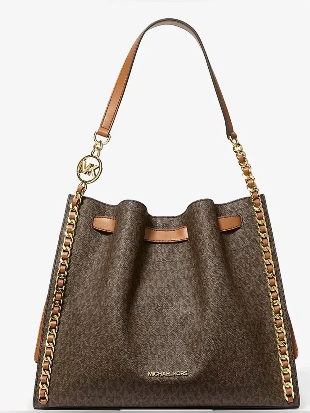 Michael Kors Brown and Tan MK Logo Chain-Trim Large Shoulder Bag